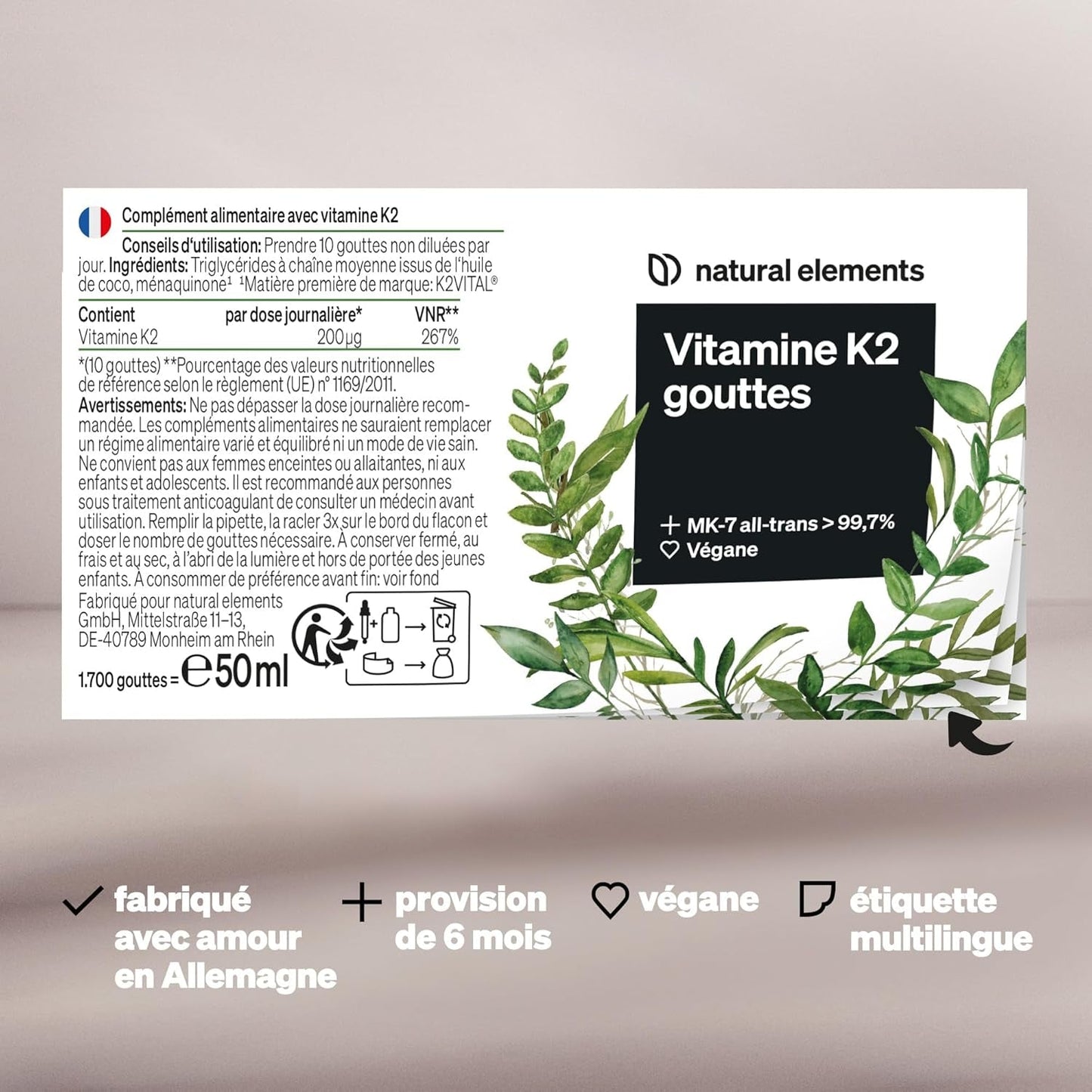 200 Μg De Vitamine K2 MK-7 – 1 700 Gouttes (50 Ml) – Teneur All-Trans >99,7% (K2VITAL® De Kappa) – Produit Testé En Laboratoire, Végan, Fortement Dosé - Feebella