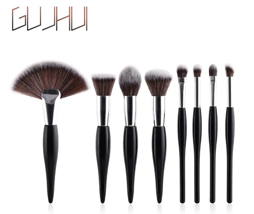 Set de 8 pinceaux de maquillage avec manche noir et tubes argentés