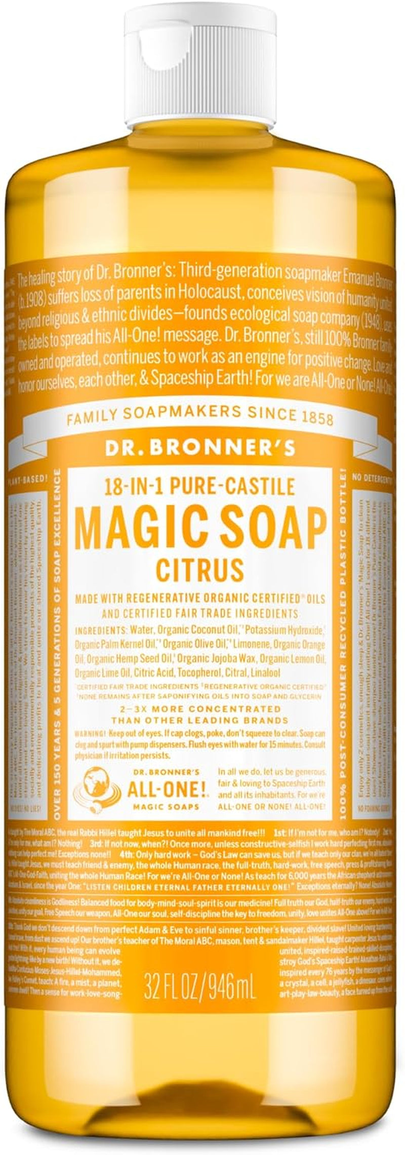 Dr. Bronner’S Organic Pure Castile Liquid Soap Citrus Oil 32 Oz