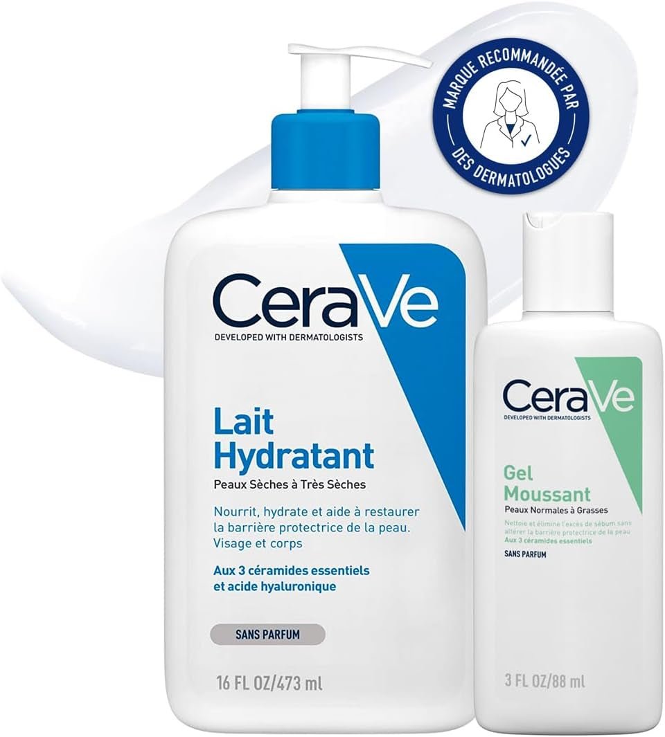 Cerave - Routine Hydratante - Gel Moussant 88 Ml + Lait Hydratant 473 Ml - Nettoie, Hydrate & Préserve La Barrière Cutanée - Soins Aux 3 Céramides Essentiels - Peau Mixte À Grasse - Feebella