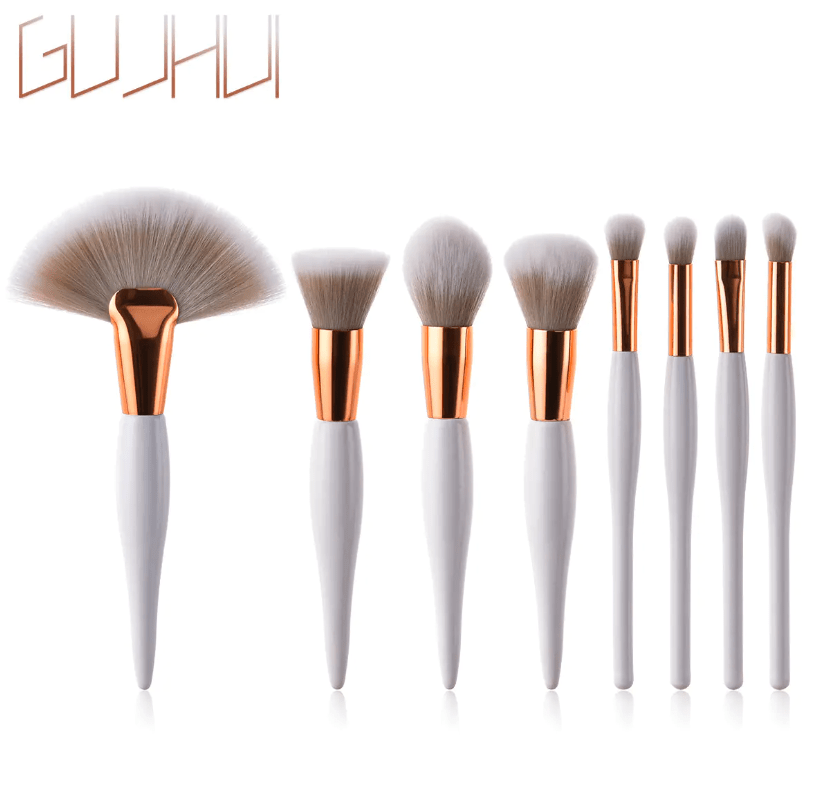 Set de 8 pinceaux de maquillage avec manche noir et tubes argentés - Feebella