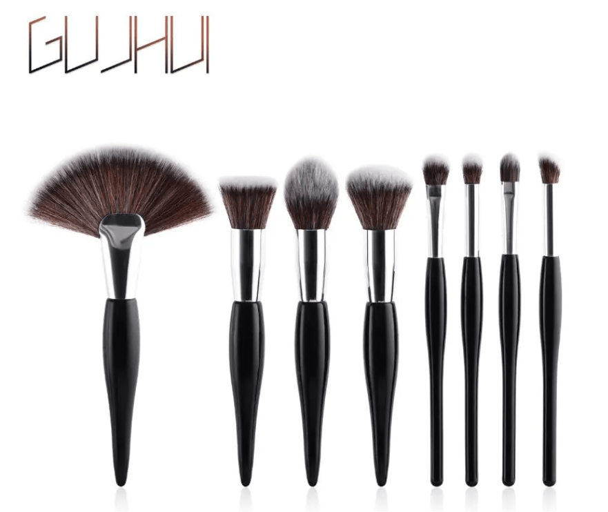 Set de 8 pinceaux de maquillage avec manche noir et tubes argentés - Feebella